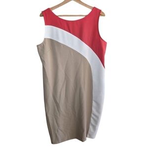 Maya Brooke | Coral White Tan Colorblock Sheath Dress Size 16